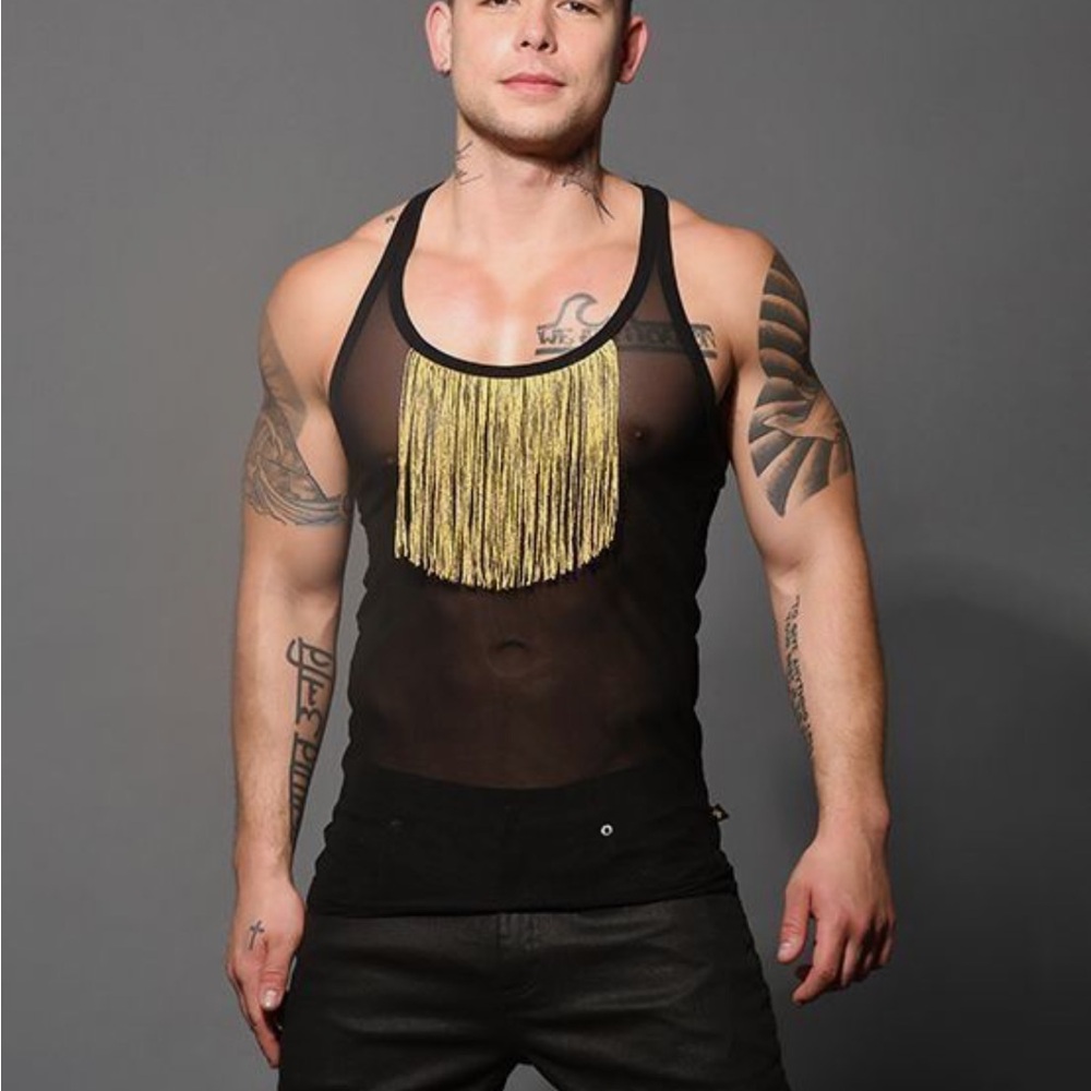 Andrew Christian Black Tank Top with Gold Fringe